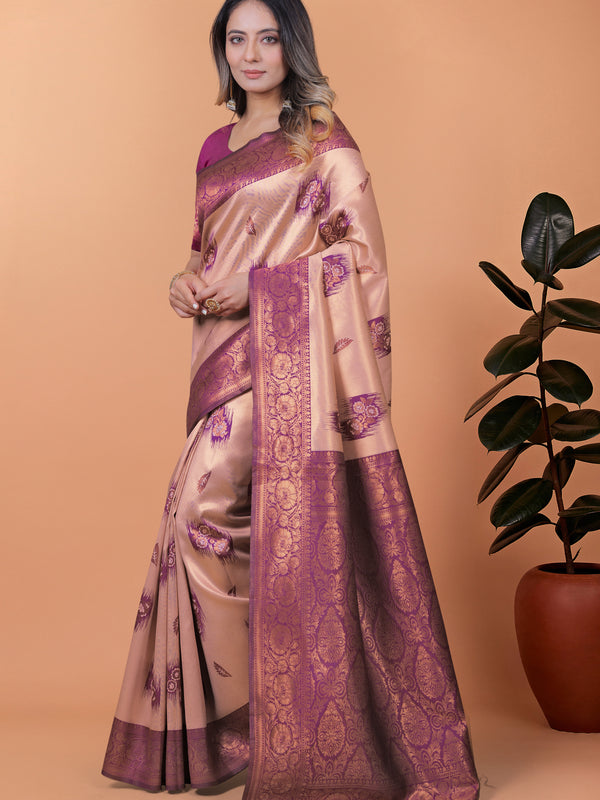 Stylish Pink and Purple Silk Saree with Golden Zari Work – Perfect for Special Occasions and Festivities