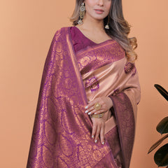 Stylish Pink and Purple Silk Saree with Golden Zari Work – Perfect for Special Occasions and Festivities