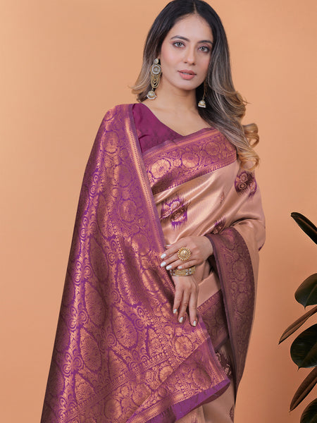 Stylish Pink and Purple Silk Saree with Golden Zari Work – Perfect for Special Occasions and Festivities