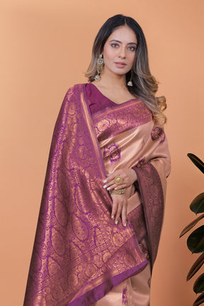 Stylish Pink and Purple Silk Saree with Golden Zari Work – Perfect for Special Occasions and Festivities