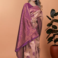 Stylish Pink and Purple Silk Saree with Golden Zari Work – Perfect for Special Occasions and Festivities