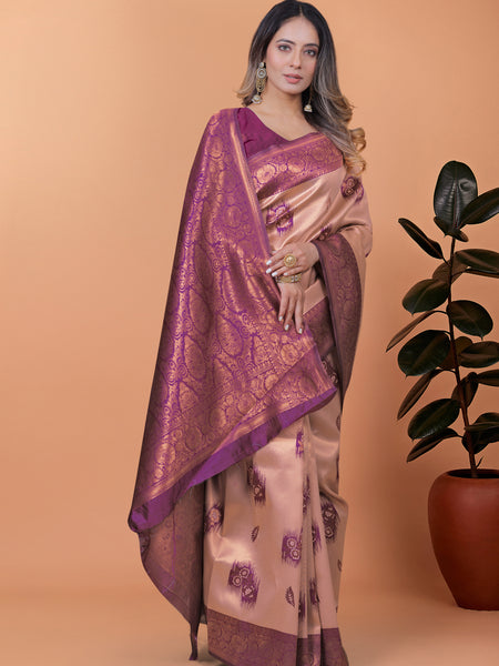 Stylish Pink and Purple Silk Saree with Golden Zari Work – Perfect for Special Occasions and Festivities