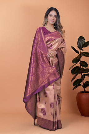 Stylish Pink and Purple Silk Saree with Golden Zari Work – Perfect for Special Occasions and Festivities