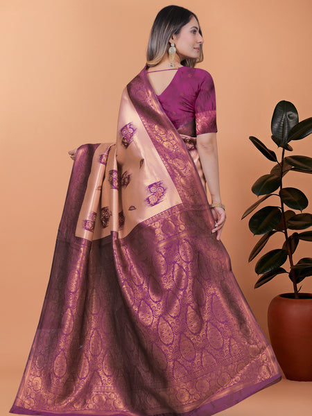 Stylish Pink and Purple Silk Saree with Golden Zari Work – Perfect for Special Occasions and Festivities