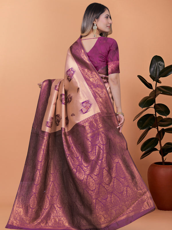 Stylish Pink and Purple Silk Saree with Golden Zari Work – Perfect for Special Occasions and Festivities