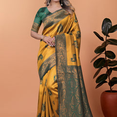 Exquisite Gold and Green Silk Saree with Golden Zari Border – Wedding & Party Wear Saree