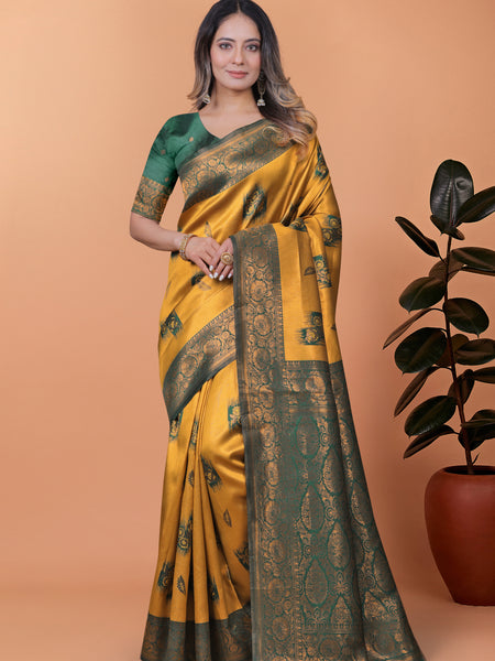 Exquisite Gold and Green Silk Saree with Golden Zari Border – Wedding & Party Wear Saree