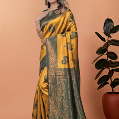 Exquisite Gold and Green Silk Saree with Golden Zari Border – Wedding & Party Wear Saree