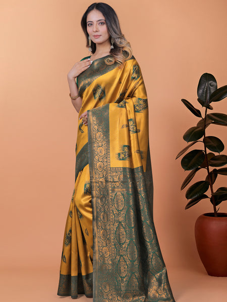 Exquisite Gold and Green Silk Saree with Golden Zari Border – Wedding & Party Wear Saree
