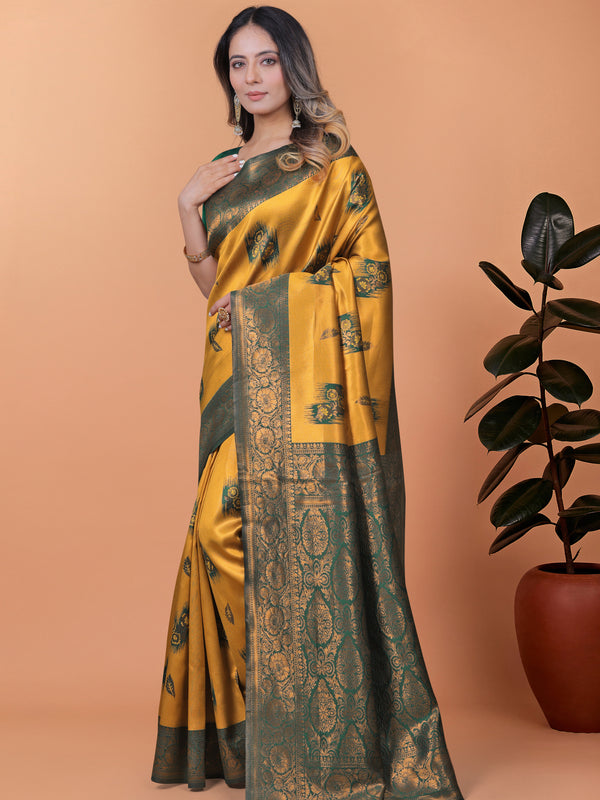 Exquisite Gold and Green Silk Saree with Golden Zari Border – Wedding & Party Wear Saree