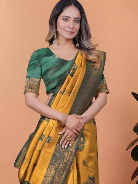 Exquisite Gold and Green Silk Saree with Golden Zari Border – Wedding & Party Wear Saree