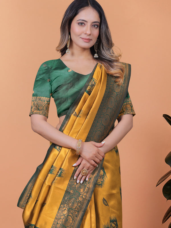 Exquisite Gold and Green Silk Saree with Golden Zari Border – Wedding & Party Wear Saree
