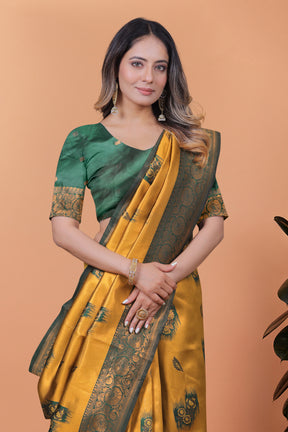 Exquisite Gold and Green Silk Saree with Golden Zari Border – Wedding & Party Wear Saree