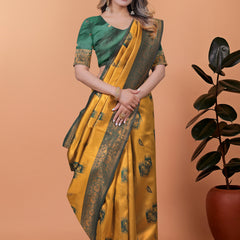 Exquisite Gold and Green Silk Saree with Golden Zari Border – Wedding & Party Wear Saree