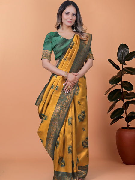 Exquisite Gold and Green Silk Saree with Golden Zari Border – Wedding & Party Wear Saree