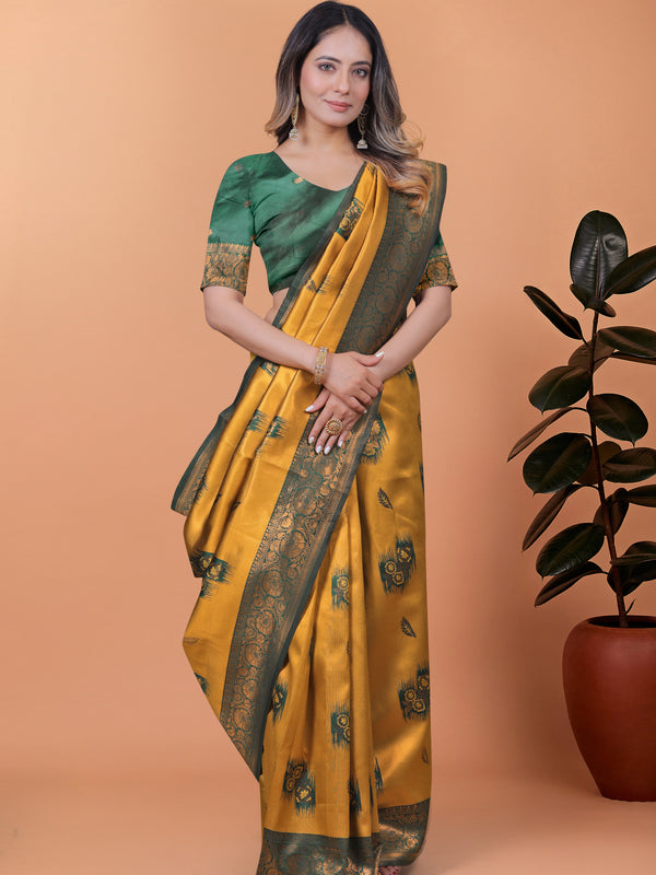 Exquisite Gold and Green Silk Saree with Golden Zari Border – Wedding & Party Wear Saree