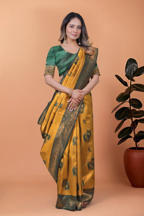 Exquisite Gold and Green Silk Saree with Golden Zari Border – Wedding & Party Wear Saree