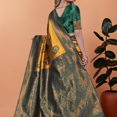 Exquisite Gold and Green Silk Saree with Golden Zari Border – Wedding & Party Wear Saree