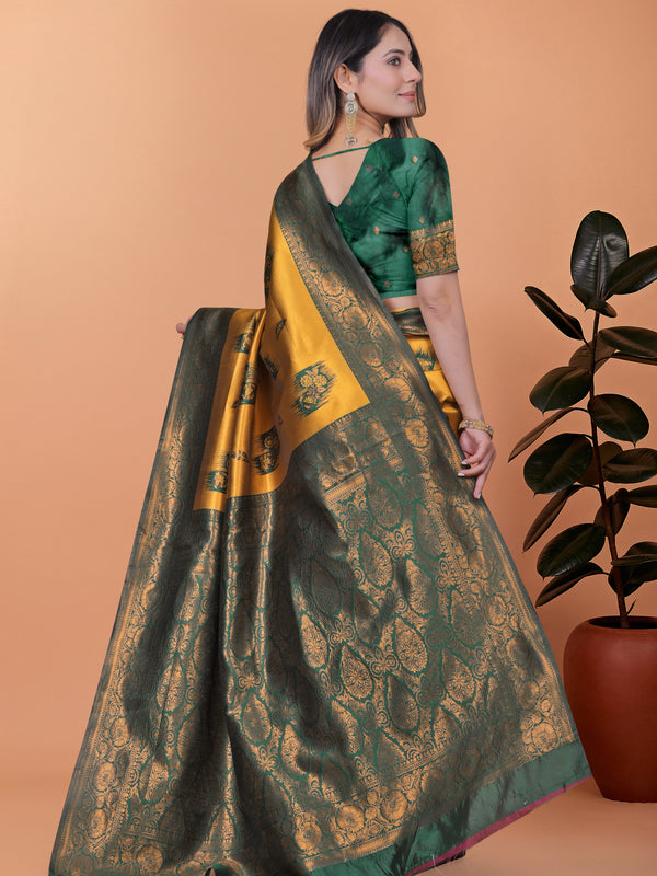 Exquisite Gold and Green Silk Saree with Golden Zari Border – Wedding & Party Wear Saree