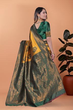 Exquisite Gold and Green Silk Saree with Golden Zari Border – Wedding & Party Wear Saree