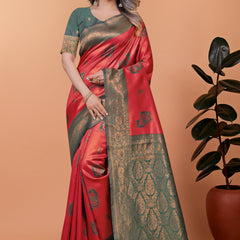Elegant Red and Green Silk Saree with Golden Zari Work – Traditional Indian Sari for Women