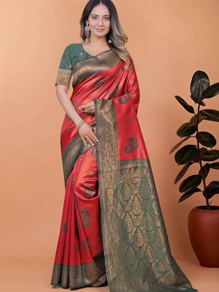 Elegant Red and Green Silk Saree with Golden Zari Work – Traditional Indian Sari for Women