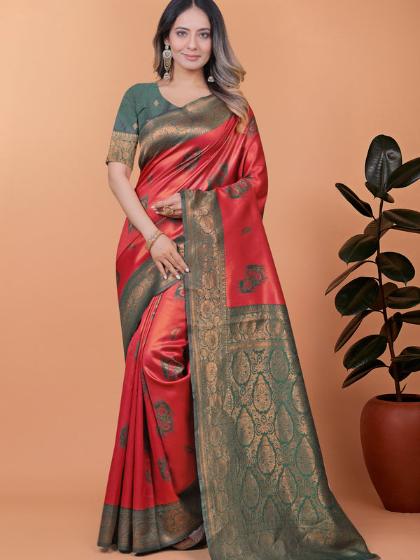 Elegant Red and Green Silk Saree with Golden Zari Work – Traditional Indian Sari for Women