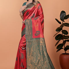 Elegant Red and Green Silk Saree with Golden Zari Work – Traditional Indian Sari for Women