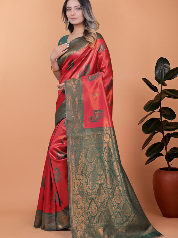 Elegant Red and Green Silk Saree with Golden Zari Work – Traditional Indian Sari for Women