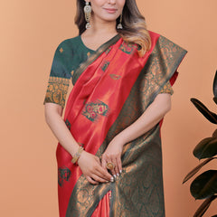 Elegant Red and Green Silk Saree with Golden Zari Work – Traditional Indian Sari for Women