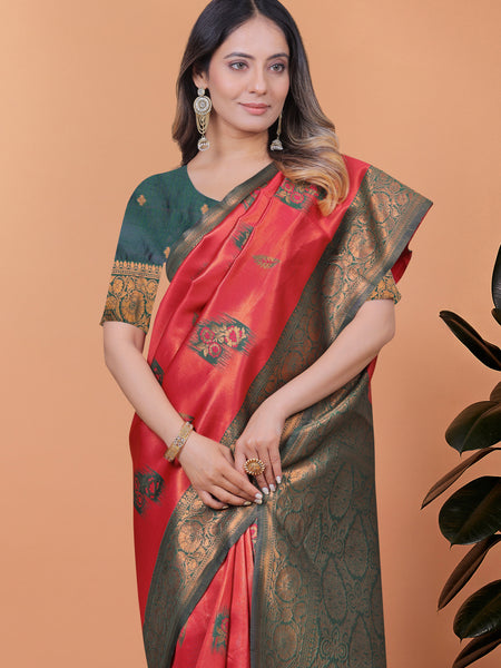 Elegant Red and Green Silk Saree with Golden Zari Work – Traditional Indian Sari for Women