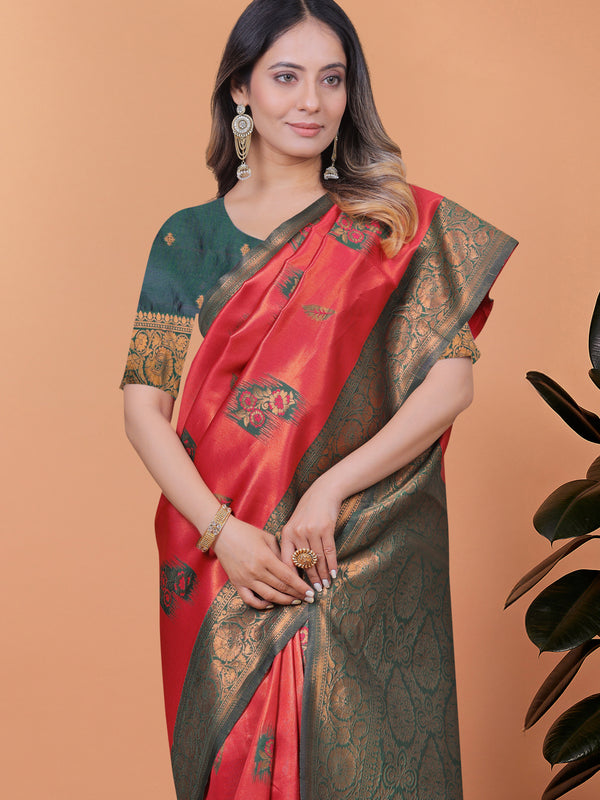 Elegant Red and Green Silk Saree with Golden Zari Work – Traditional Indian Sari for Women