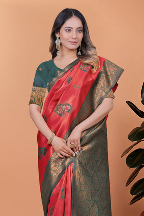 Elegant Red and Green Silk Saree with Golden Zari Work – Traditional Indian Sari for Women