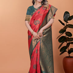 Elegant Red and Green Silk Saree with Golden Zari Work – Traditional Indian Sari for Women
