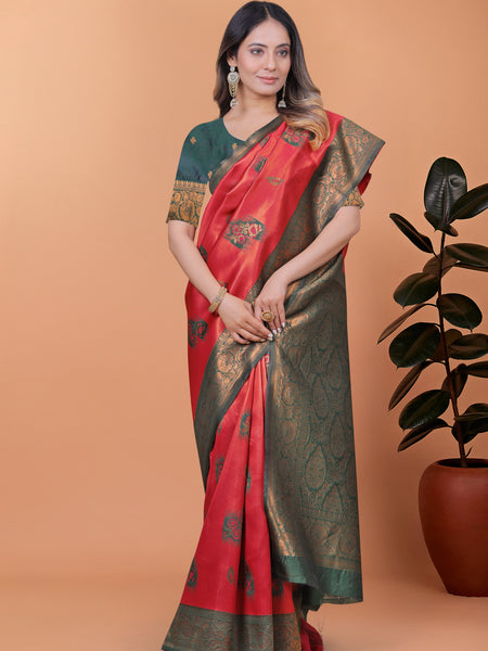 Elegant Red and Green Silk Saree with Golden Zari Work – Traditional Indian Sari for Women