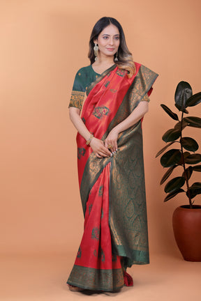 Elegant Red and Green Silk Saree with Golden Zari Work – Traditional Indian Sari for Women