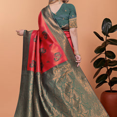 Elegant Red and Green Silk Saree with Golden Zari Work – Traditional Indian Sari for Women