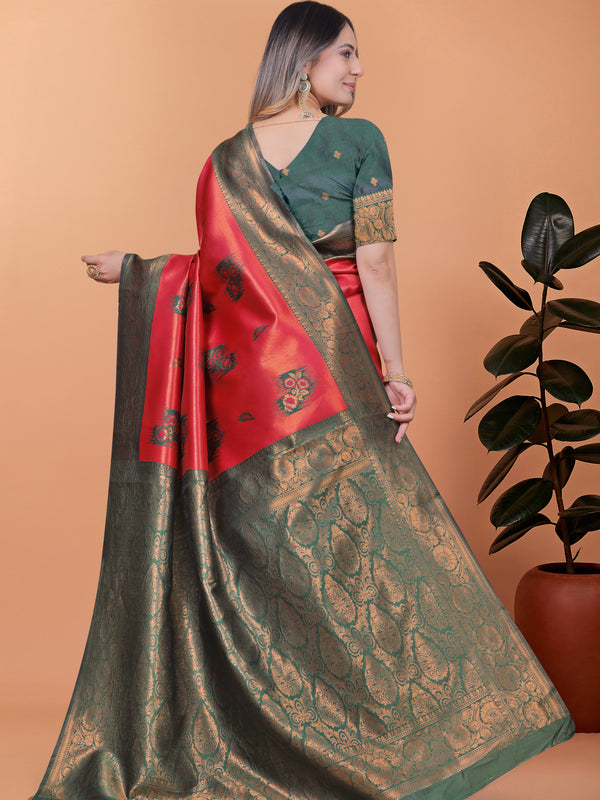 Elegant Red and Green Silk Saree with Golden Zari Work – Traditional Indian Sari for Women