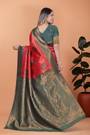 Elegant Red and Green Silk Saree with Golden Zari Work – Traditional Indian Sari for Women