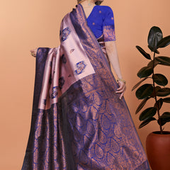 Stunning Pink and Blue Silk Saree with Golden Zari Work – Ideal for Festivals and Celebrations