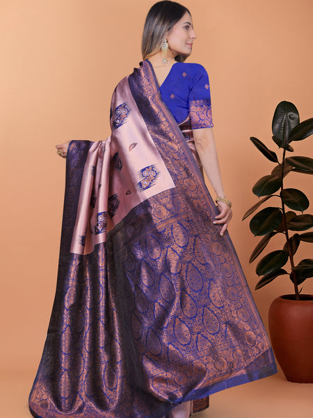 Stunning Pink and Blue Silk Saree with Golden Zari Work – Ideal for Festivals and Celebrations