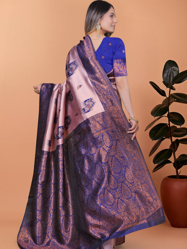 Stunning Pink and Blue Silk Saree with Golden Zari Work – Ideal for Festivals and Celebrations
