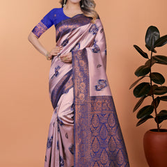 Stunning Pink and Blue Silk Saree with Golden Zari Work – Ideal for Festivals and Celebrations