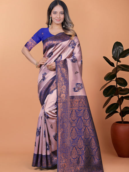Stunning Pink and Blue Silk Saree with Golden Zari Work – Ideal for Festivals and Celebrations
