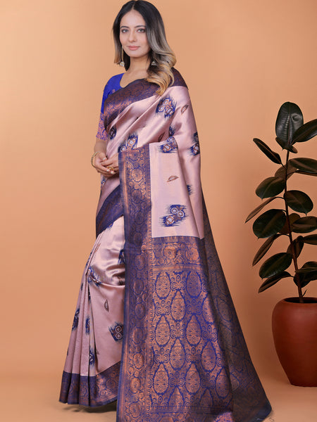 Stunning Pink and Blue Silk Saree with Golden Zari Work – Ideal for Festivals and Celebrations
