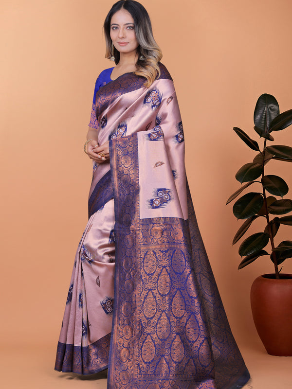 Stunning Pink and Blue Silk Saree with Golden Zari Work – Ideal for Festivals and Celebrations