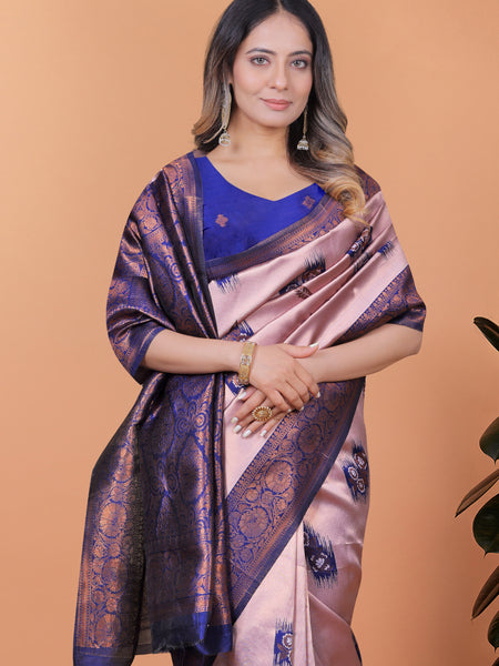Stunning Pink and Blue Silk Saree with Golden Zari Work – Ideal for Festivals and Celebrations