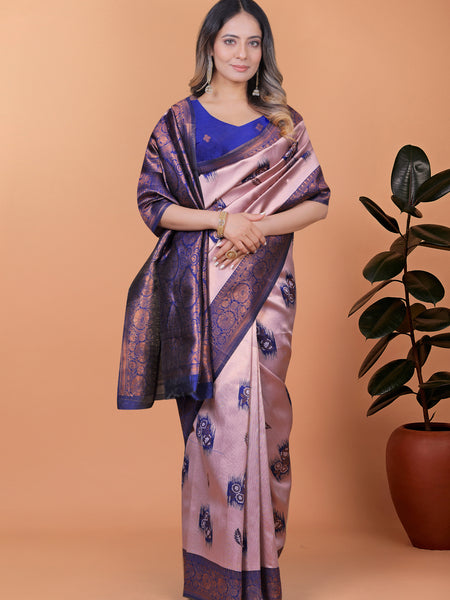 Stunning Pink and Blue Silk Saree with Golden Zari Work – Ideal for Festivals and Celebrations