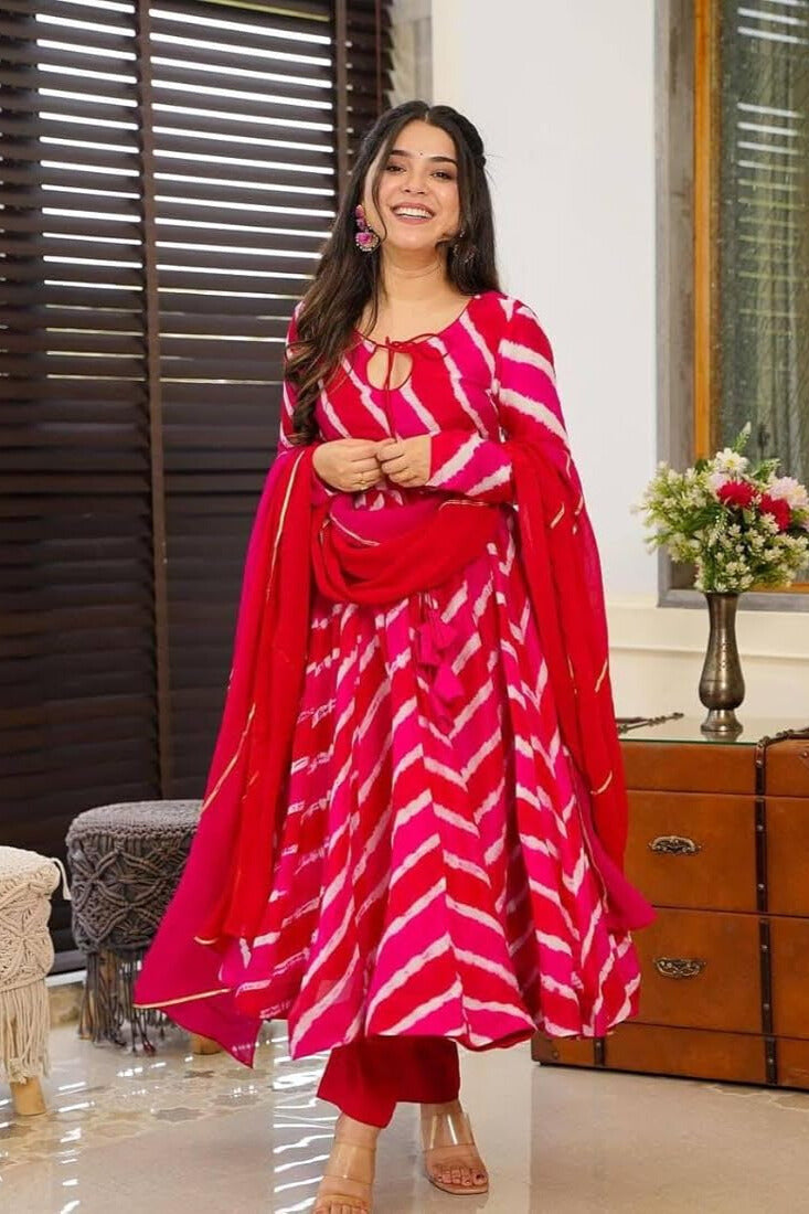 Red Leheriya Anarkali Kurta Set with Dupatta
