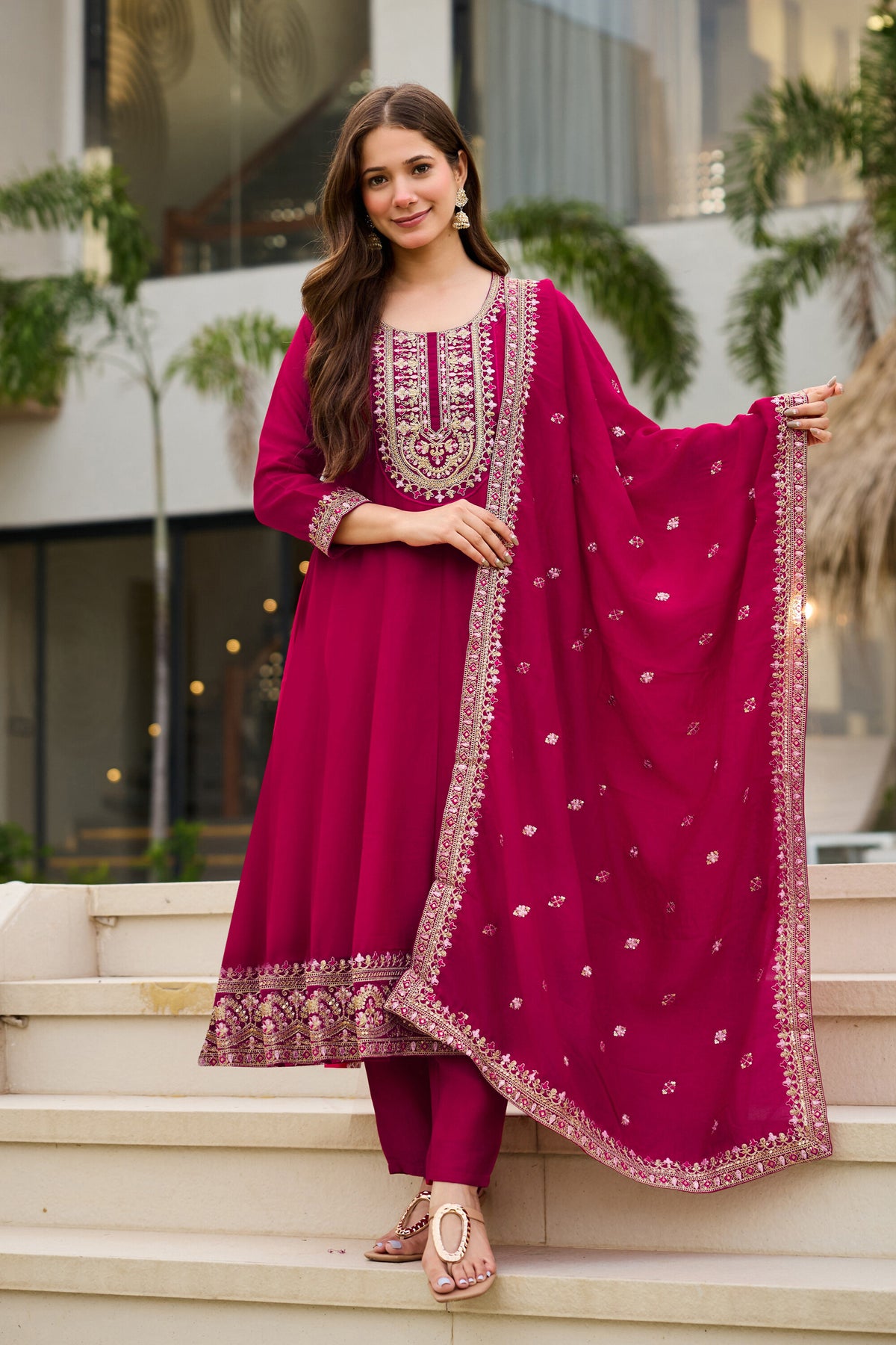 Rani Pink Embroidered Anarkali Suit Set for Women